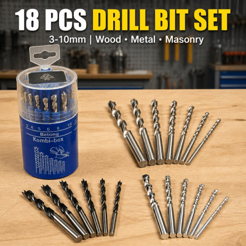 18Pcs Mixed Drill Bit Set 3-10mm, Wood Metal Masonry Drill Bits Combo Kit with Round Storage Box 18Pcs Mixed Drill Bit Set 3-10mm, Wood Metal Masonry Drill Bits Combo Kit with Round Storage Box
